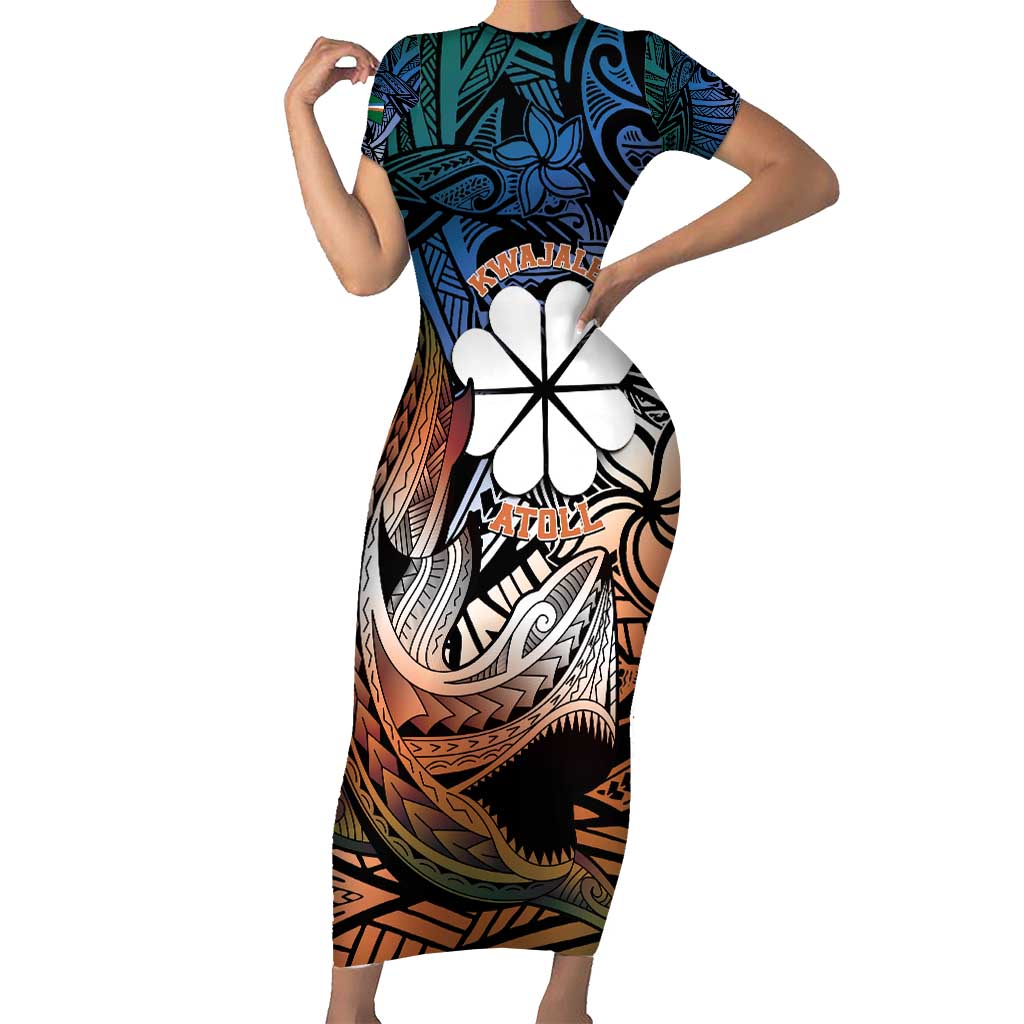 Personalised Kwajalein Atoll Short Sleeve Bodycon Dress Polynesian Shark Tattoo Gradient Vibes LT14 Long Dress Black - Polynesian Pride
