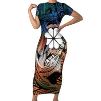 Personalised Kwajalein Atoll Short Sleeve Bodycon Dress Polynesian Shark Tattoo Gradient Vibes LT14 Long Dress Black - Polynesian Pride