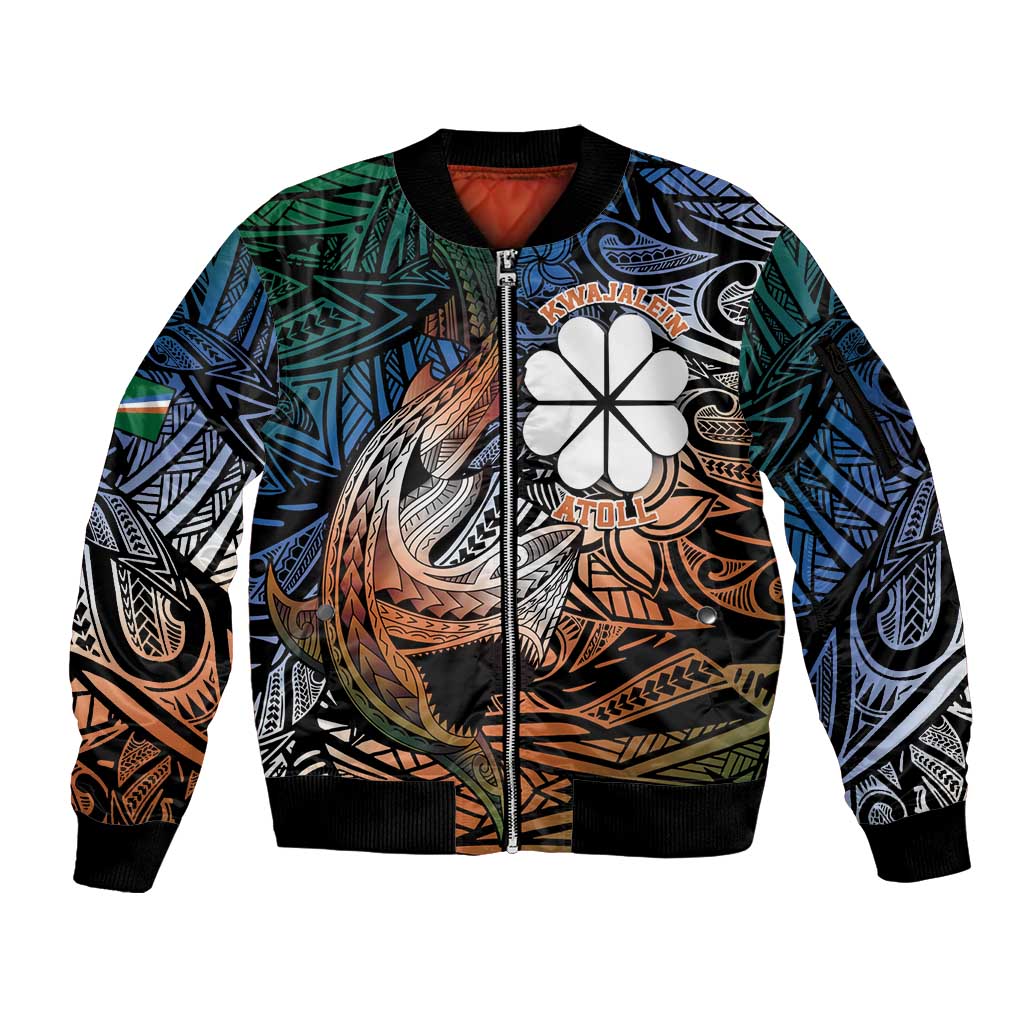 Personalised Kwajalein Atoll Sleeve Zip Bomber Jacket Polynesian Shark Tattoo Gradient Vibes LT14 Unisex Black - Polynesian Pride