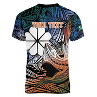 Personalised Kwajalein Atoll Women V-Neck T-Shirt Polynesian Shark Tattoo Gradient Vibes