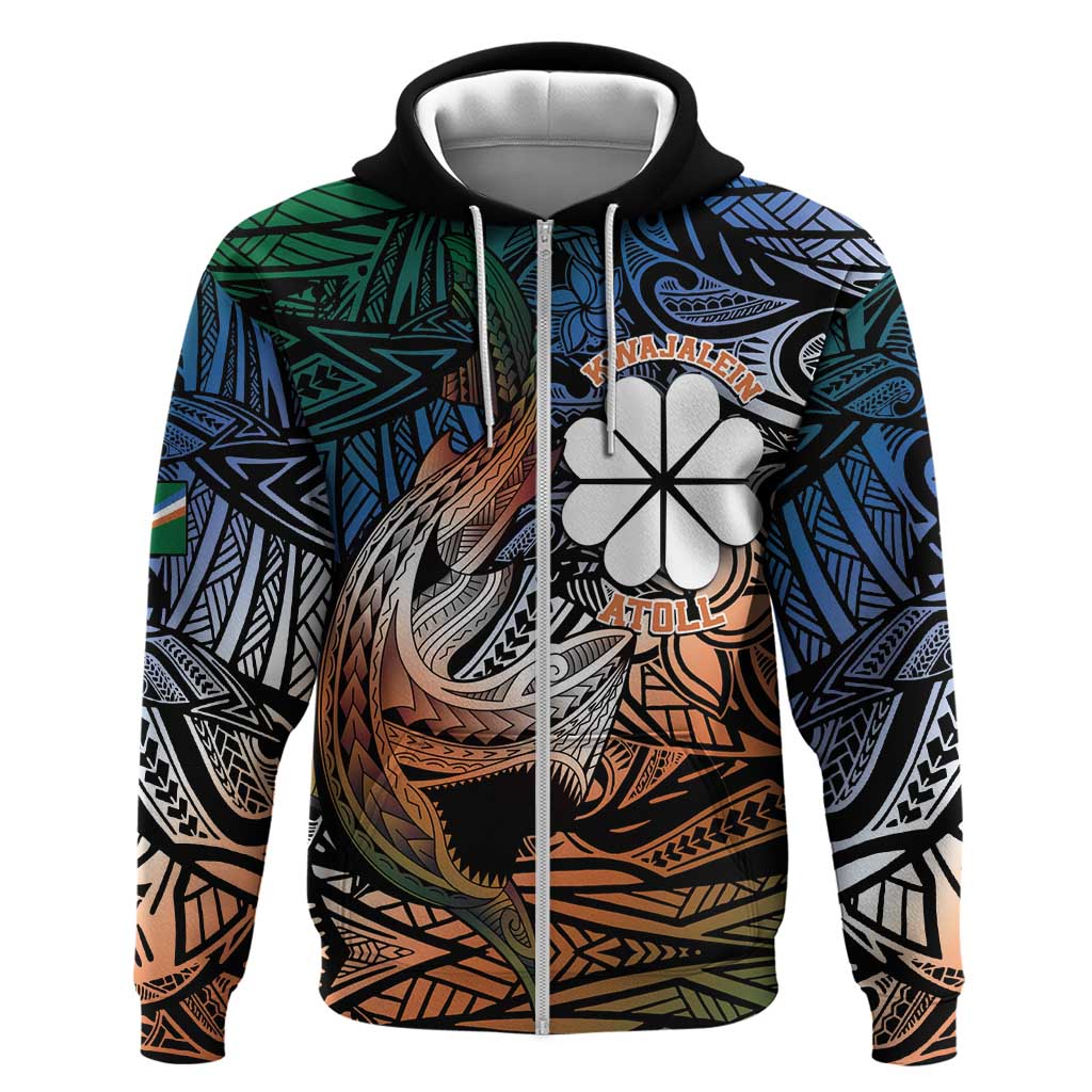 Personalised Kwajalein Atoll Zip Hoodie Polynesian Shark Tattoo Gradient Vibes LT14 Zip Hoodie Black - Polynesian Pride
