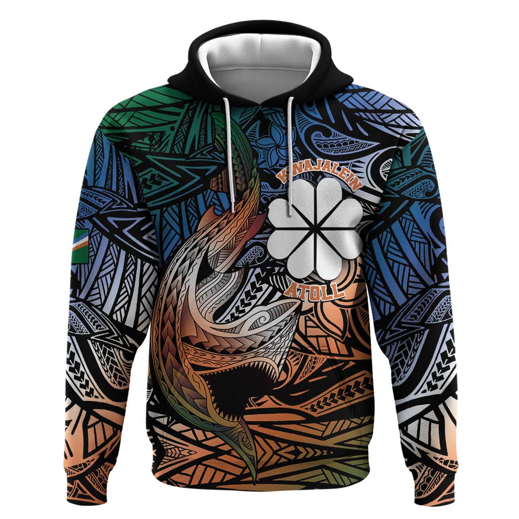 Personalised Kwajalein Atoll Zip Hoodie Polynesian Shark Tattoo Gradient Vibes LT14 Pullover Hoodie Black - Polynesian Pride