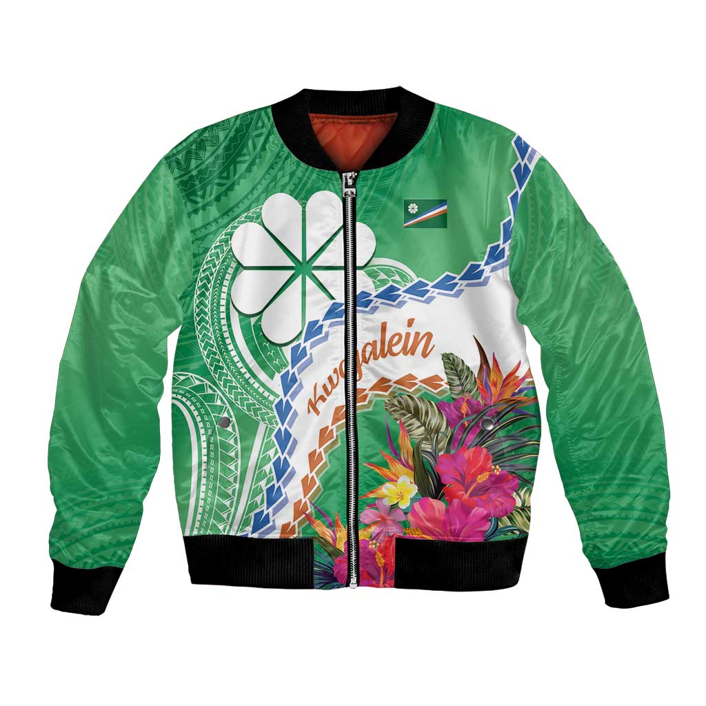 Marshall Islands Kwajalein Atoll Bomber Jacket Curves Polynesian Mix Tropical Flowers LT14 Unisex Green - Polynesian Pride