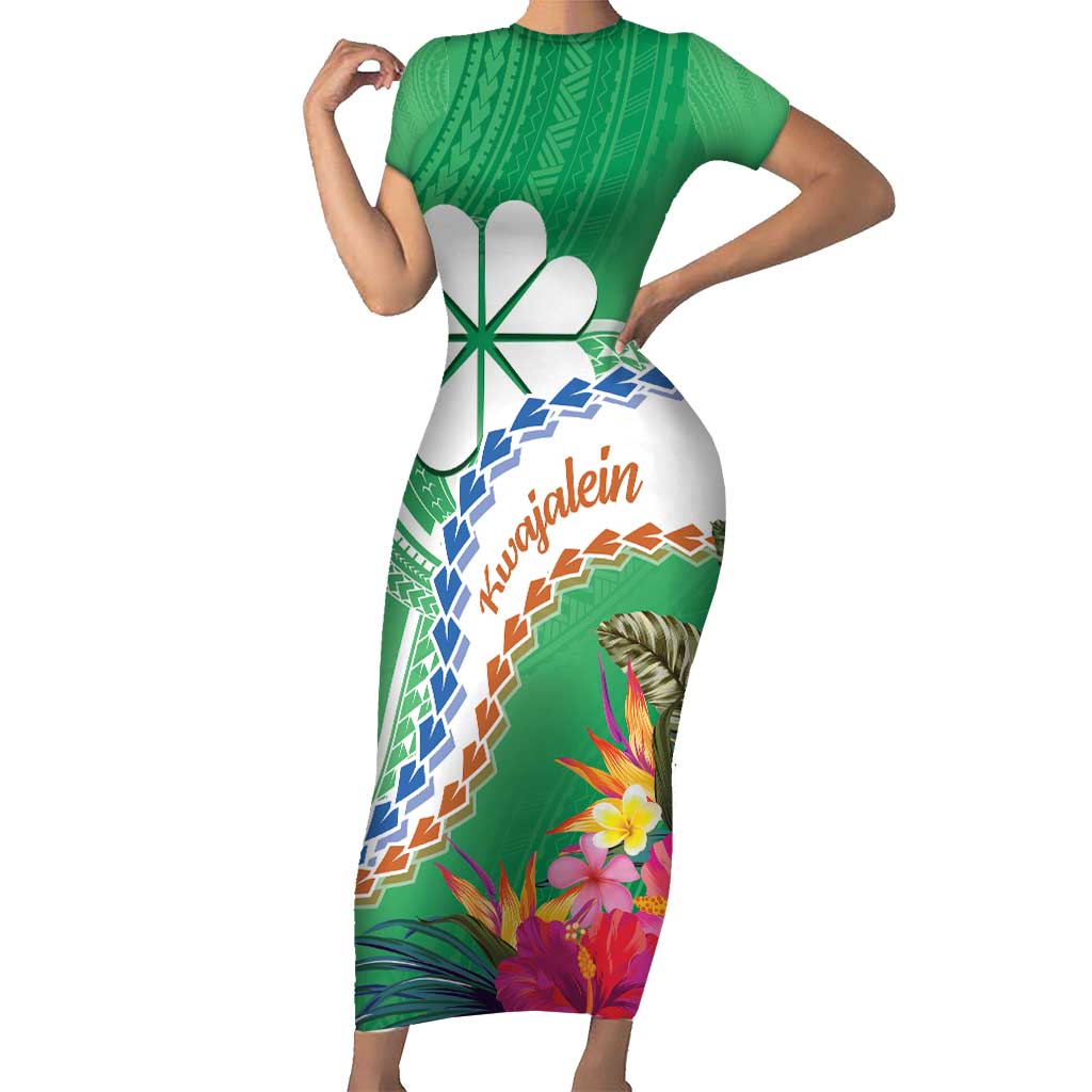 Marshall Islands Kwajalein Atoll Short Sleeve Bodycon Dress Curves Polynesian Mix Tropical Flowers LT14 Long Dress Green - Polynesian Pride