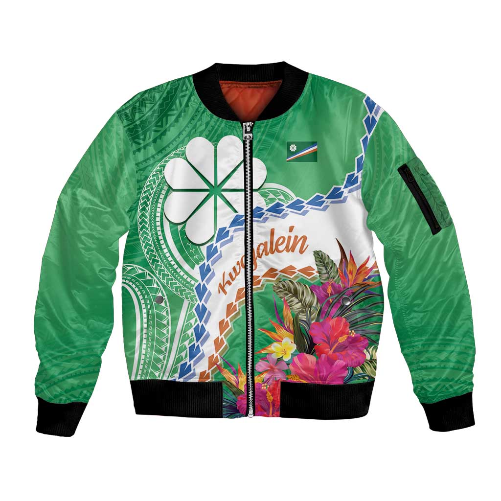Marshall Islands Kwajalein Atoll Sleeve Zip Bomber Jacket Curves Polynesian Mix Tropical Flowers LT14 Unisex Green - Polynesian Pride