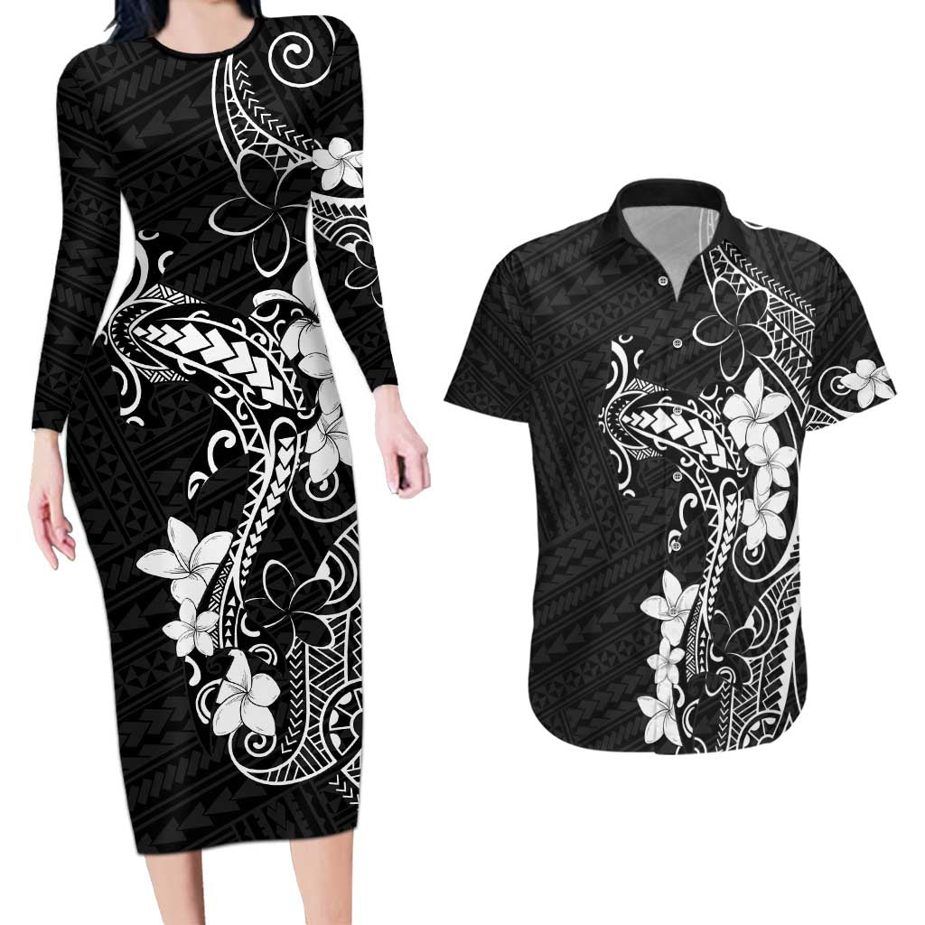 Black Hawaii Couples Matching Long Sleeve Bodycon Dress and Hawaiian Shirt Hammerhead Shark Tattoo Curve Polynesian - Polynesian Pride