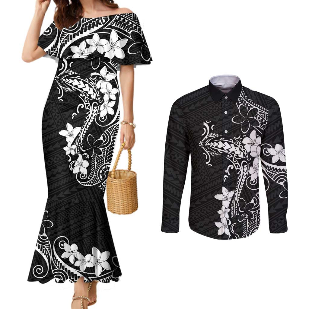 Black Hawaii Couples Matching Mermaid Dress and Long Sleeve Button Shirt Hammerhead Shark Tattoo Curve Polynesian - Polynesian Pride
