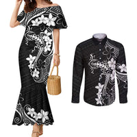 Black Hawaii Couples Matching Mermaid Dress and Long Sleeve Button Shirt Hammerhead Shark Tattoo Curve Polynesian - Polynesian Pride