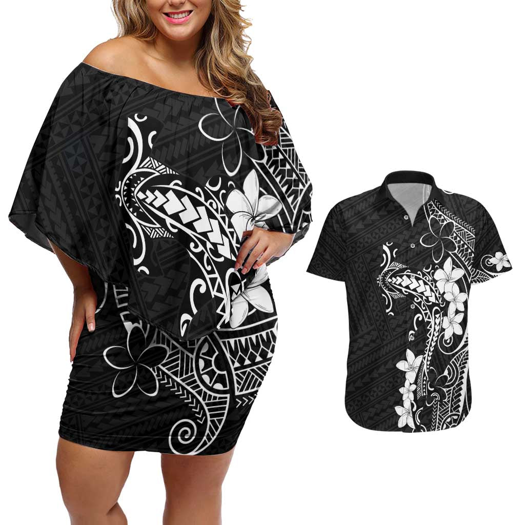 Black Hawaii Couples Matching Off Shoulder Short Dress and Hawaiian Shirt Hammerhead Shark Tattoo Curve Polynesian - Polynesian Pride