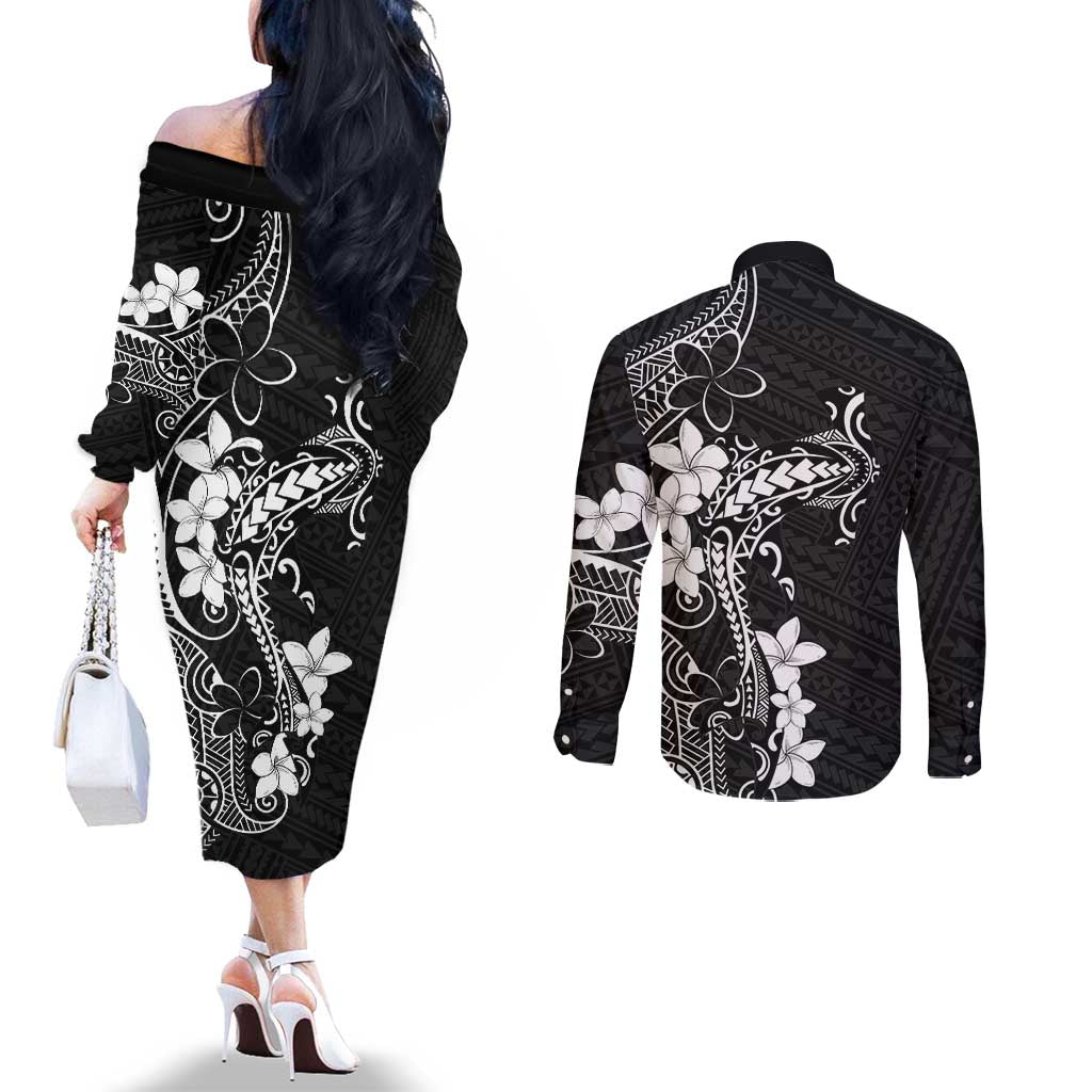 Black Hawaii Couples Matching Off The Shoulder Long Sleeve Dress and Long Sleeve Button Shirt Hammerhead Shark Tattoo Curve Polynesian - Polynesian Pride