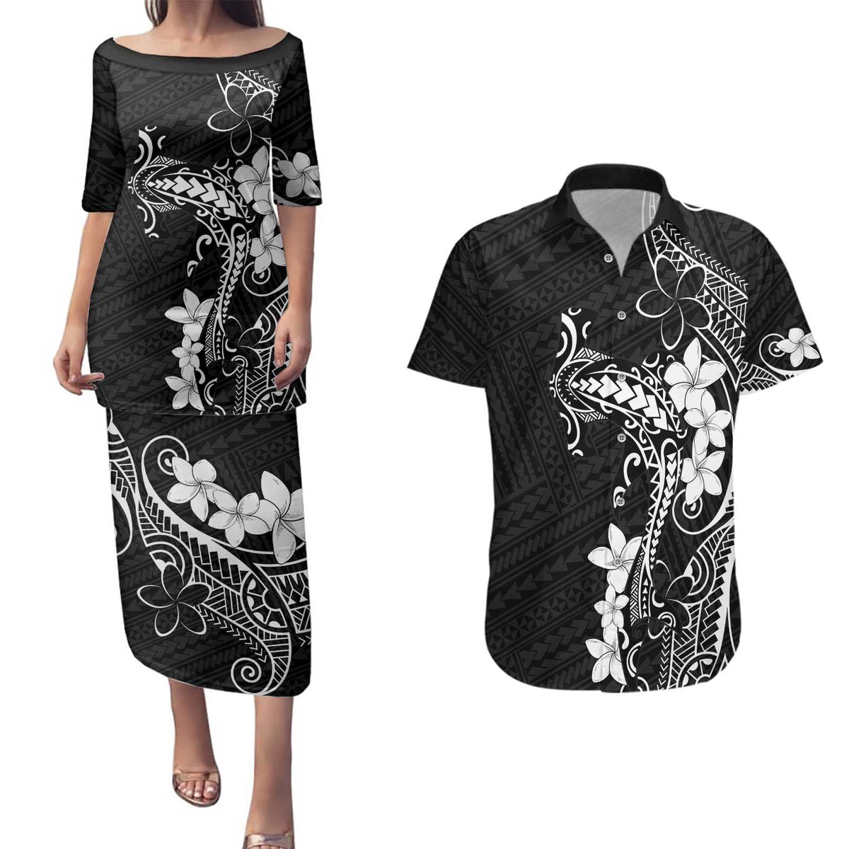 Black Hawaii Couples Matching Puletasi and Hawaiian Shirt Hammerhead Shark Tattoo Curve Polynesian - Polynesian Pride
