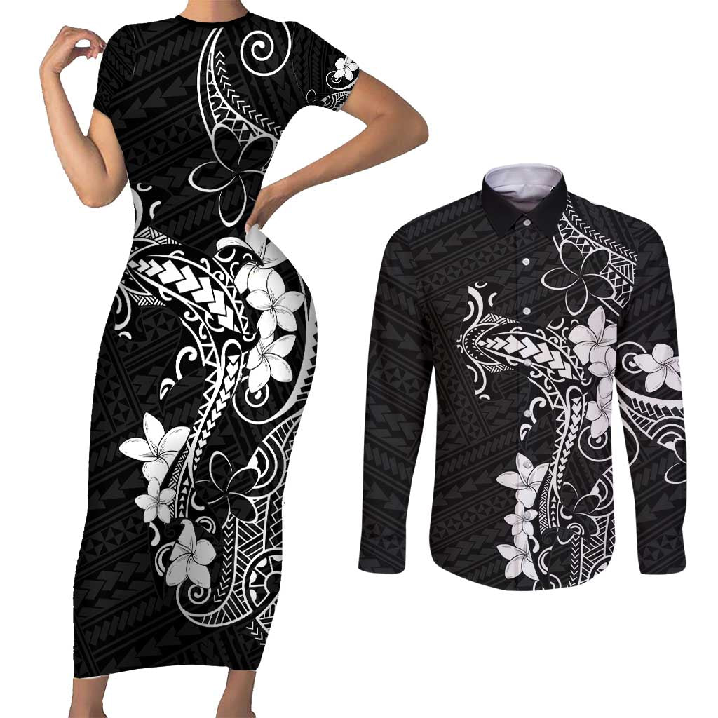 Black Hawaii Couples Matching Short Sleeve Bodycon Dress and Long Sleeve Button Shirt Hammerhead Shark Tattoo Curve Polynesian - Polynesian Pride