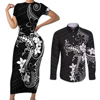 Black Hawaii Couples Matching Short Sleeve Bodycon Dress and Long Sleeve Button Shirt Hammerhead Shark Tattoo Curve Polynesian - Polynesian Pride