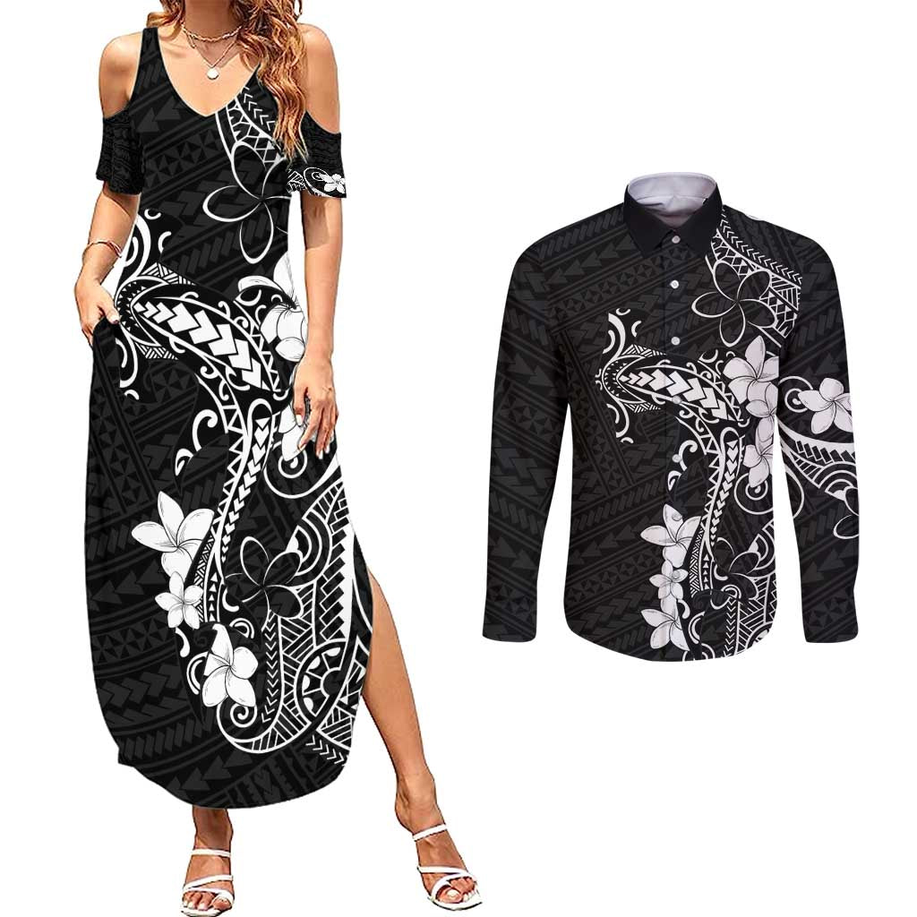 Black Hawaii Couples Matching Summer Maxi Dress and Long Sleeve Button Shirt Hammerhead Shark Tattoo Curve Polynesian - Polynesian Pride