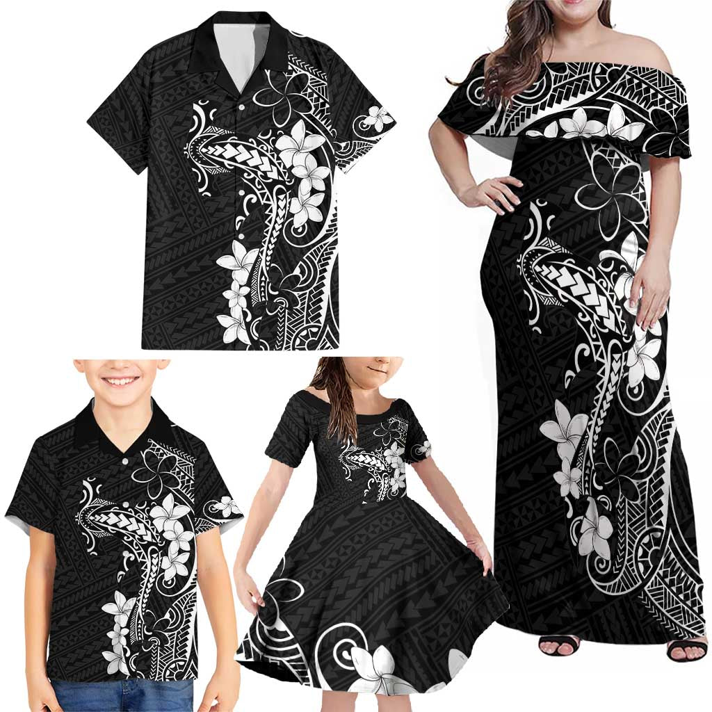 Black Hawaii Family Matching Off Shoulder Maxi Dress and Hawaiian Shirt Hammerhead Shark Tattoo Curve Polynesian - Polynesian Pride