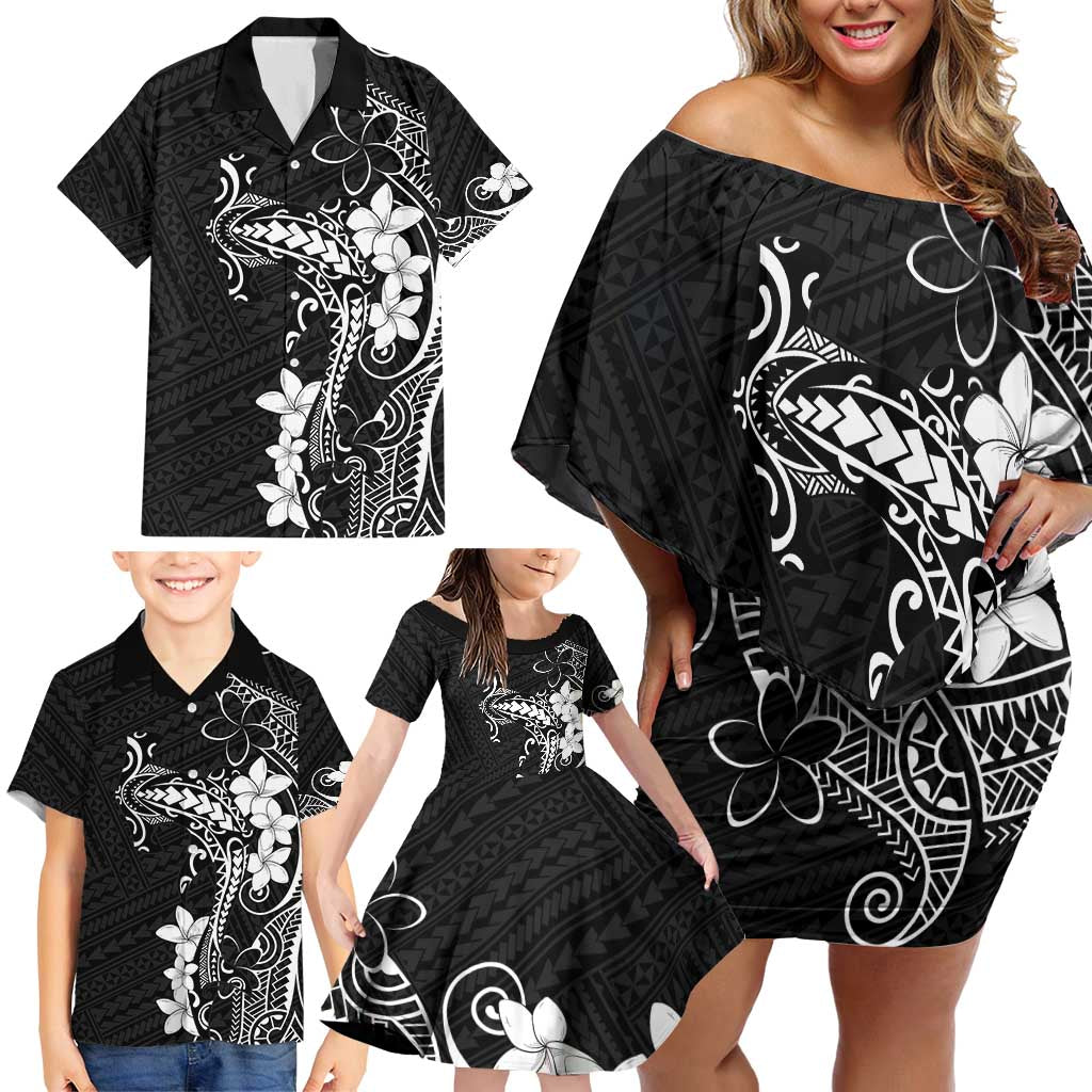 Black Hawaii Family Matching Off Shoulder Short Dress and Hawaiian Shirt Hammerhead Shark Tattoo Curve Polynesian - Polynesian Pride