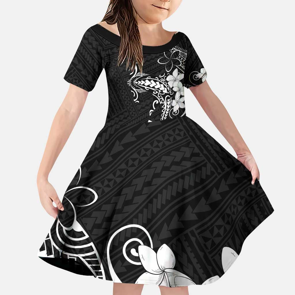 Black Hawaii Family Matching Puletasi and Hawaiian Shirt Hammerhead Shark Tattoo Curve Polynesian LT14 Daughter's Dress Black - Polynesian Pride