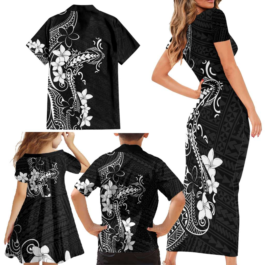 Black Hawaii Family Matching Short Sleeve Bodycon Dress and Hawaiian Shirt Hammerhead Shark Tattoo Curve Polynesian - Polynesian Pride