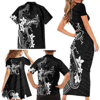 Black Hawaii Family Matching Short Sleeve Bodycon Dress and Hawaiian Shirt Hammerhead Shark Tattoo Curve Polynesian - Polynesian Pride