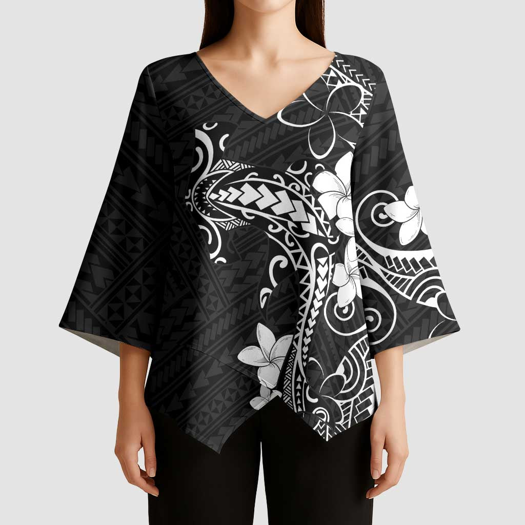 Black Hawaii Kimono Sleeve Blouse Hammerhead Shark Tattoo Curve Polynesian - Polynesian Pride