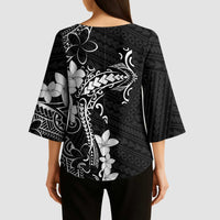 Black Hawaii Kimono Sleeve Blouse Hammerhead Shark Tattoo Curve Polynesian - Polynesian Pride