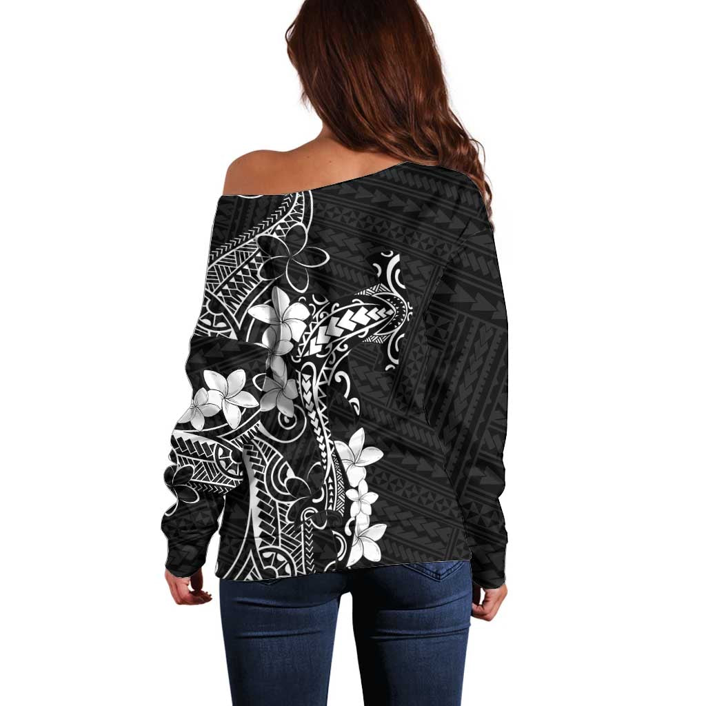 Black Hawaii Off Shoulder Sweater Hammerhead Shark Tattoo Curve Polynesian - Polynesian Pride