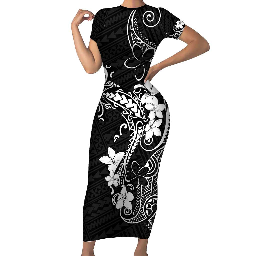 Black Hawaii Short Sleeve Bodycon Dress Hammerhead Shark Tattoo Curve Polynesian - Polynesian Pride