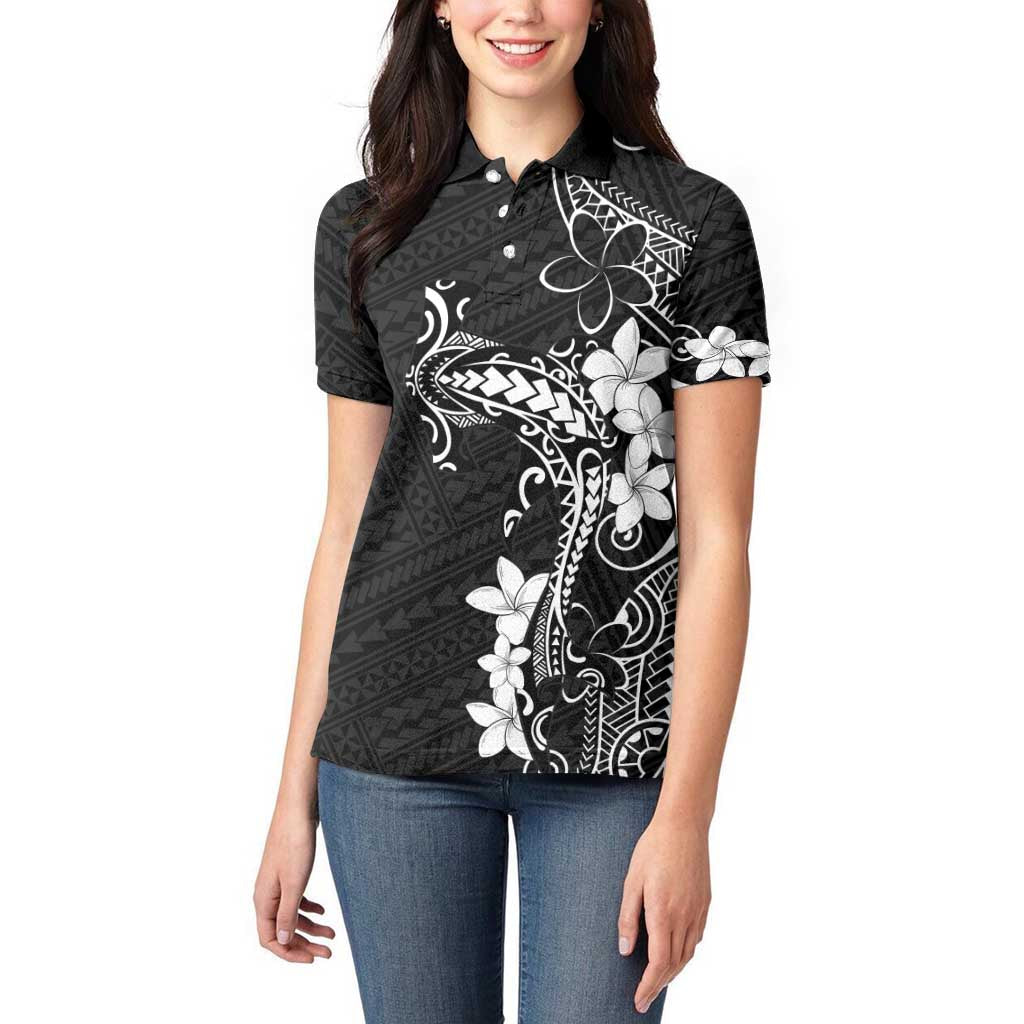 Black Hawaii Women Polo Shirt Hammerhead Shark Tattoo Curve Polynesian - Polynesian Pride