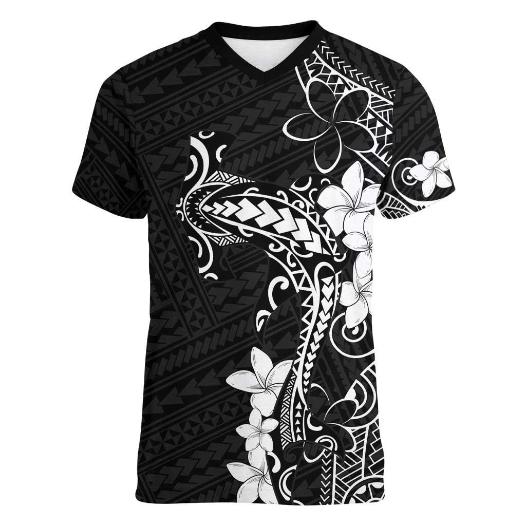 Black Hawaii Women V-Neck T-Shirt Hammerhead Shark Tattoo Curve Polynesian LT14 Female Black - Polynesian Pride