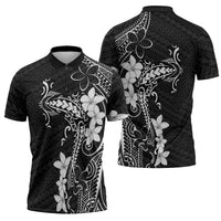 Black Hawaii Zipper Polo Shirt Hammerhead Shark Tattoo Curve Polynesian - Polynesian Pride