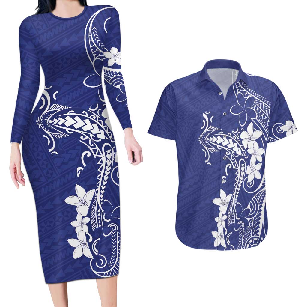Blue Hawaii Couples Matching Long Sleeve Bodycon Dress and Hawaiian Shirt Hammerhead Shark Tattoo Curve Polynesian - Polynesian Pride