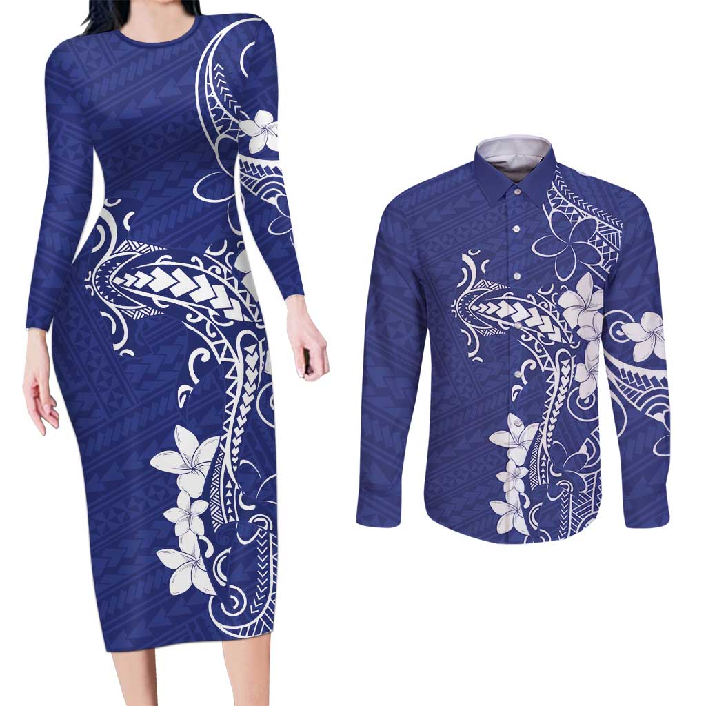 Blue Hawaii Couples Matching Long Sleeve Bodycon Dress and Long Sleeve Button Shirt Hammerhead Shark Tattoo Curve Polynesian - Polynesian Pride
