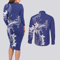 Blue Hawaii Couples Matching Long Sleeve Bodycon Dress and Long Sleeve Button Shirt Hammerhead Shark Tattoo Curve Polynesian - Polynesian Pride