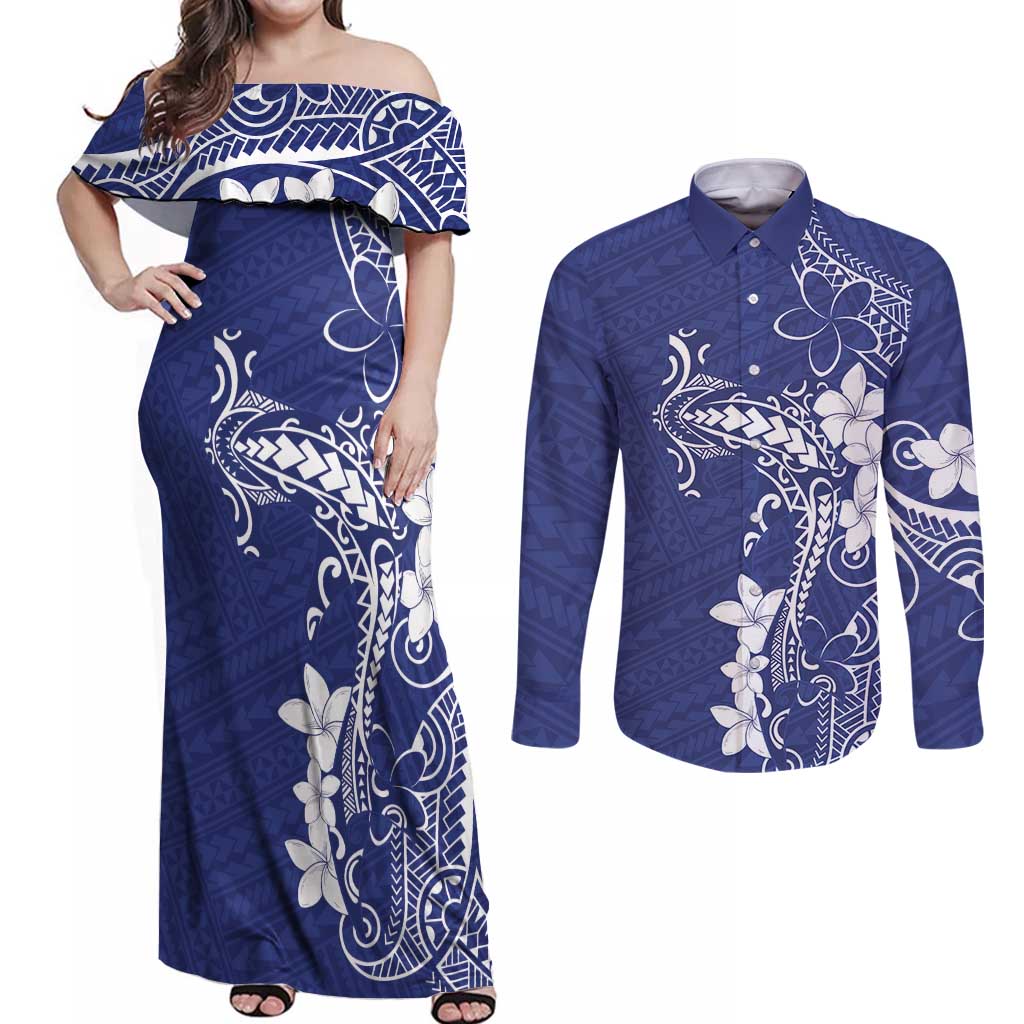 Blue Hawaii Couples Matching Off Shoulder Maxi Dress and Long Sleeve Button Shirt Hammerhead Shark Tattoo Curve Polynesian - Polynesian Pride