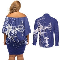 Blue Hawaii Couples Matching Off Shoulder Short Dress and Long Sleeve Button Shirt Hammerhead Shark Tattoo Curve Polynesian - Polynesian Pride