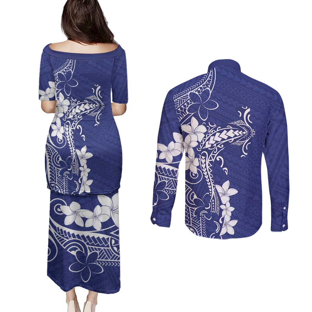 Blue Hawaii Couples Matching Puletasi and Long Sleeve Button Shirt Hammerhead Shark Tattoo Curve Polynesian LT14 - Polynesian Pride