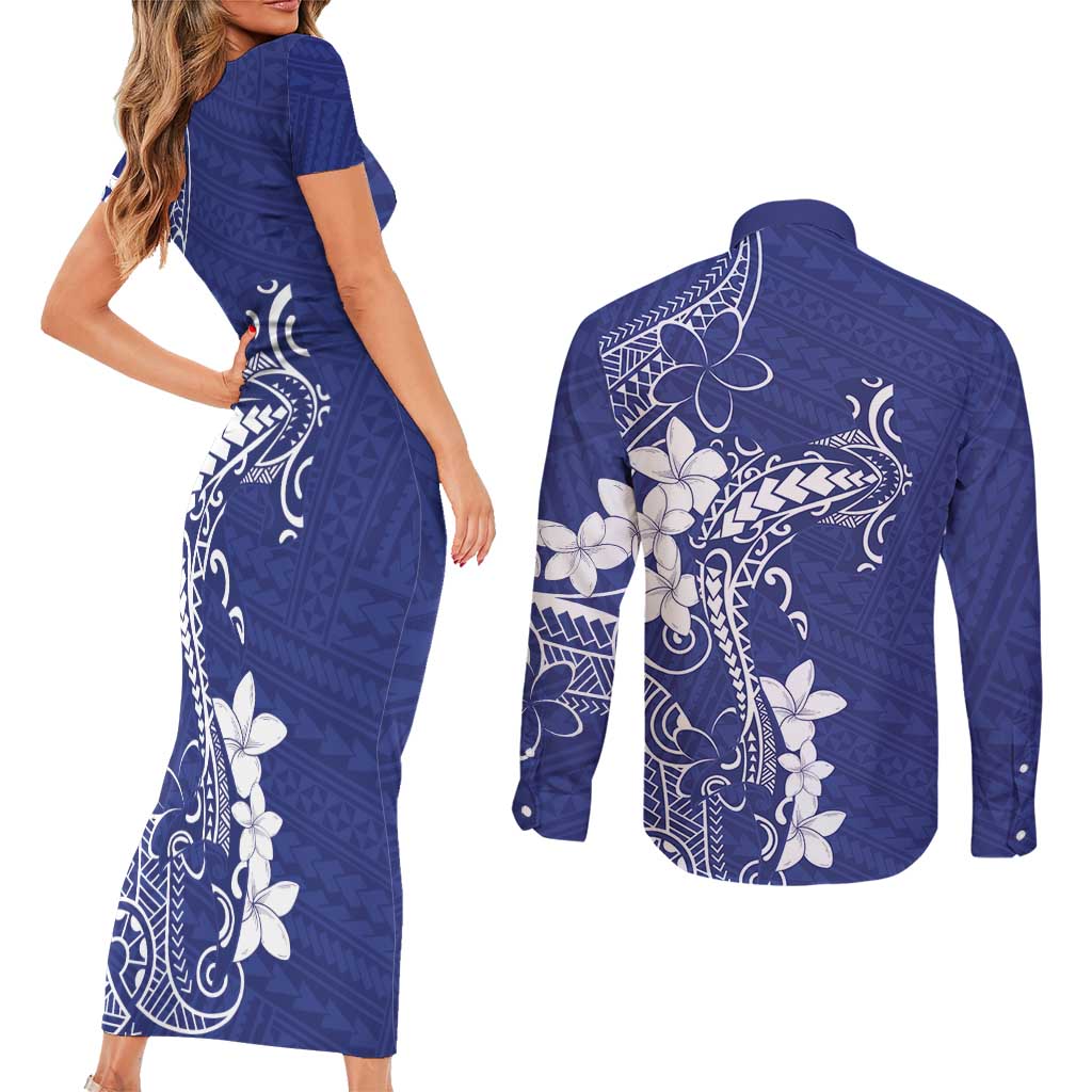 Blue Hawaii Couples Matching Short Sleeve Bodycon Dress and Long Sleeve Button Shirt Hammerhead Shark Tattoo Curve Polynesian - Polynesian Pride