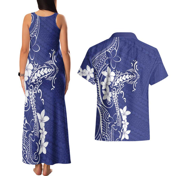 Hawaii Couples Matching Off Shoulder Maxi Dress and Hawaiian Shirt Polynesian Shark Tattoo With Plumeria Blue Gradient LT14 main image 1