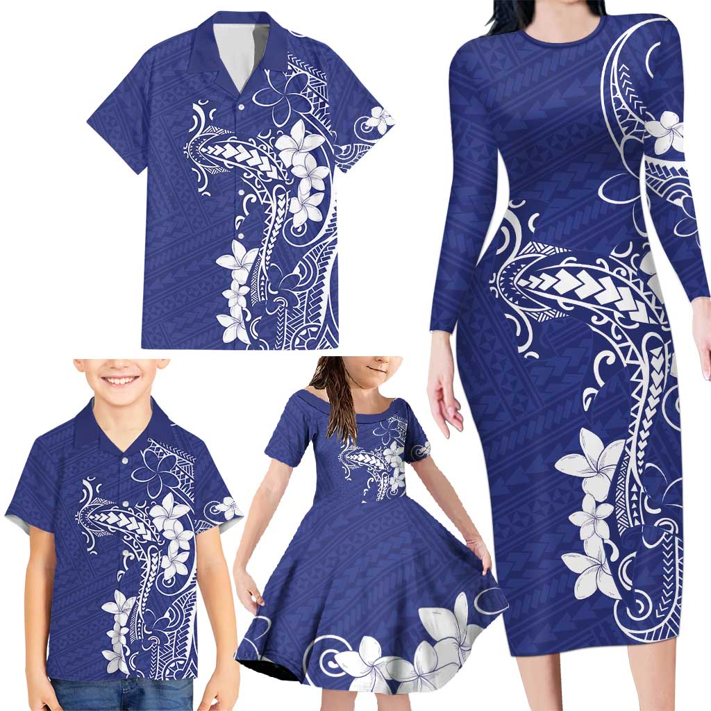 Blue Hawaii Family Matching Long Sleeve Bodycon Dress and Hawaiian Shirt Hammerhead Shark Tattoo Curve Polynesian - Polynesian Pride