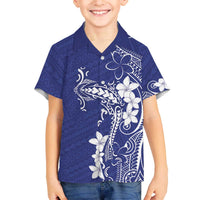 Blue Hawaii Family Matching Off The Shoulder Long Sleeve Dress and Hawaiian Shirt Hammerhead Shark Tattoo Curve Polynesian - Polynesian Pride