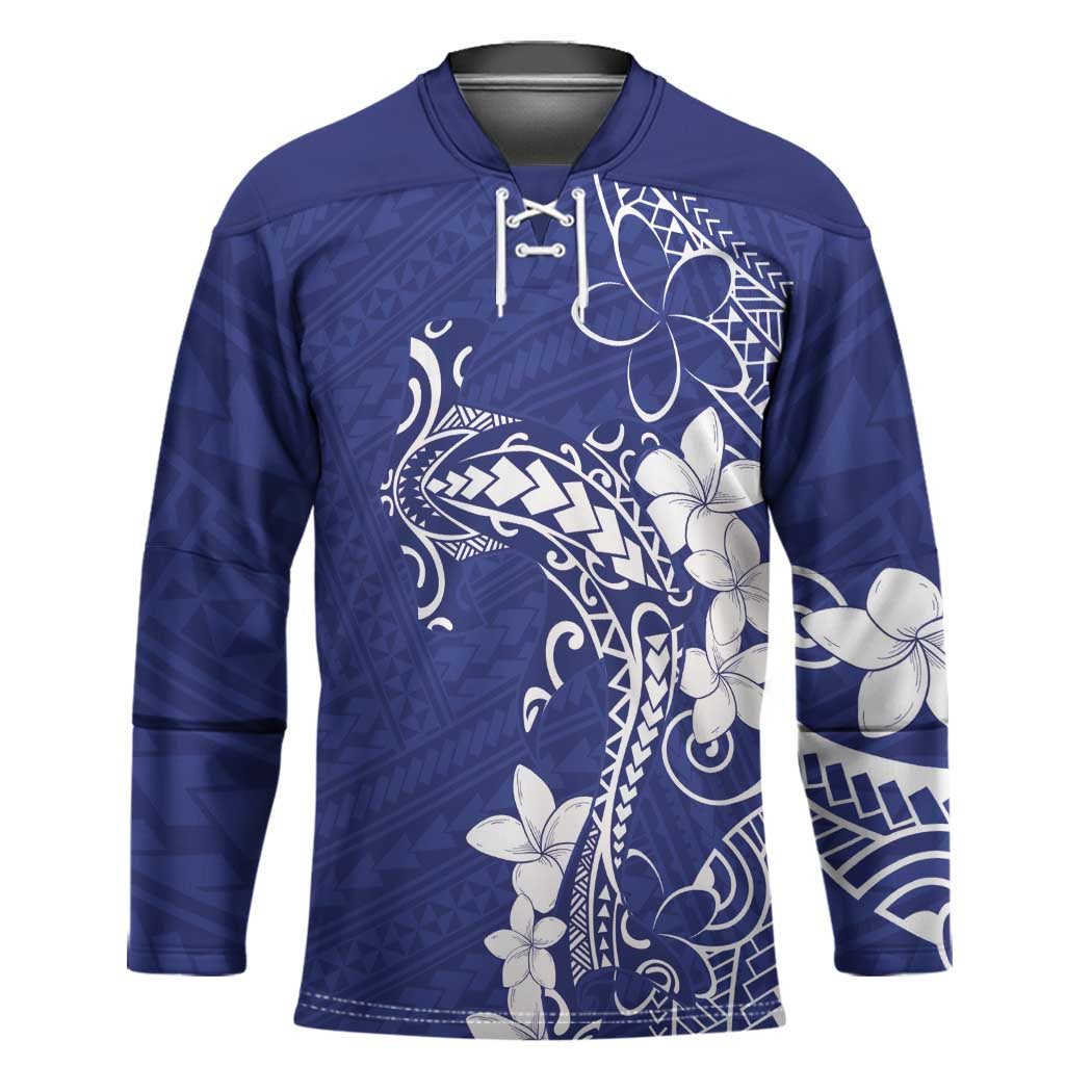Blue Hawaii Hockey Jersey Hammerhead Shark Tattoo Curve Polynesian LT14 Unisex Blue - Polynesian Pride