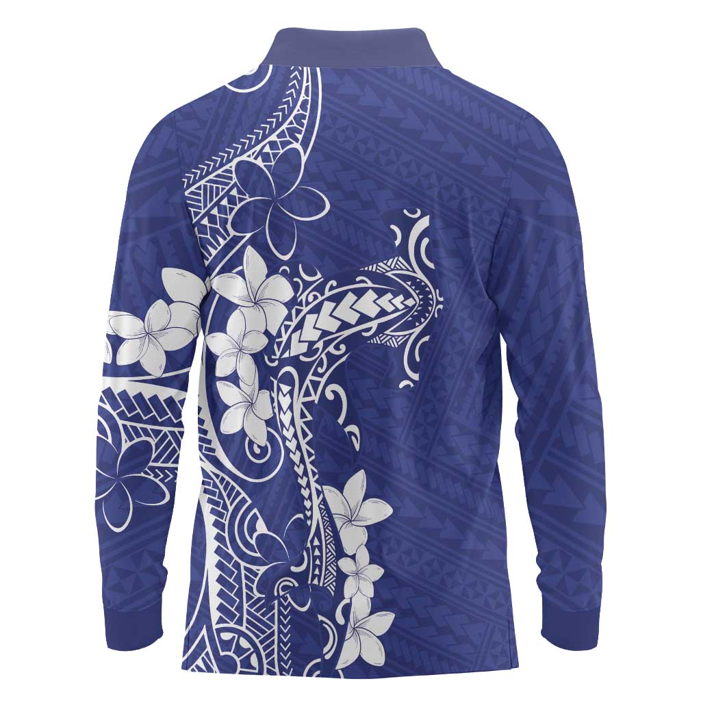 Blue Hawaii Long Sleeve Polo Shirt Hammerhead Shark Tattoo Curve Polynesian LT14 - Polynesian Pride
