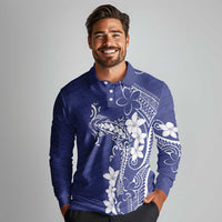 Blue Hawaii Long Sleeve Polo Shirt Hammerhead Shark Tattoo Curve Polynesian LT14 - Polynesian Pride