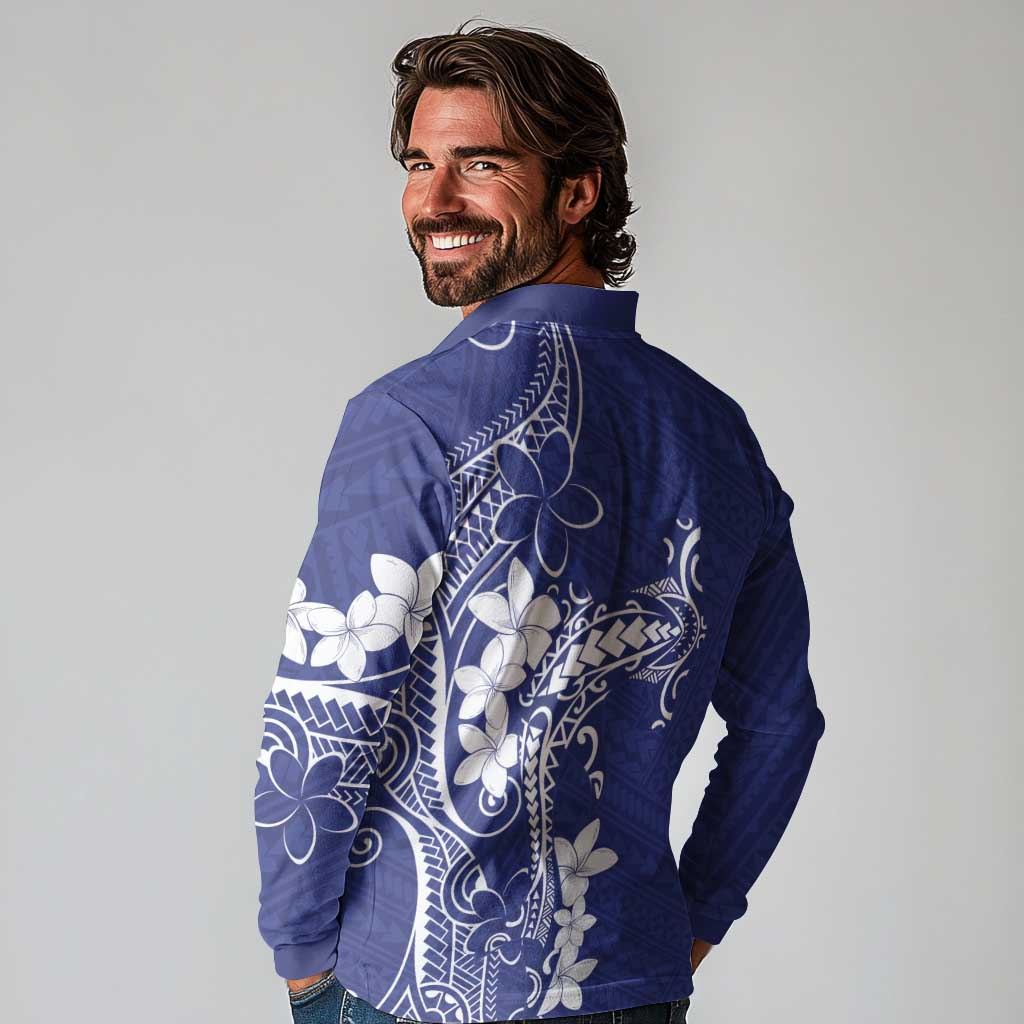Blue Hawaii Long Sleeve Polo Shirt Hammerhead Shark Tattoo Curve Polynesian LT14 - Polynesian Pride