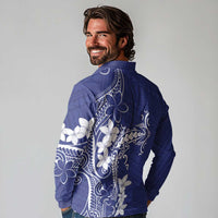 Blue Hawaii Long Sleeve Polo Shirt Hammerhead Shark Tattoo Curve Polynesian LT14 - Polynesian Pride