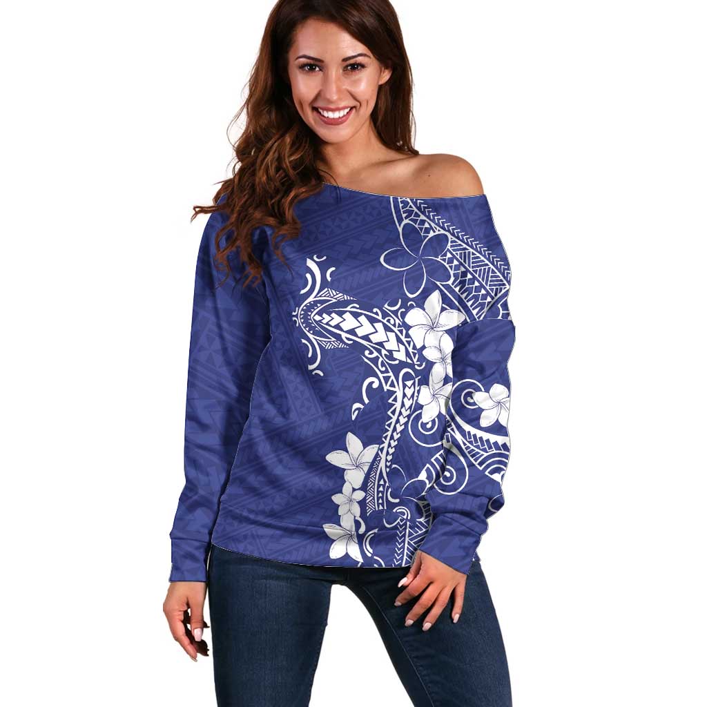 Blue Hawaii Off Shoulder Sweater Hammerhead Shark Tattoo Curve Polynesian - Polynesian Pride