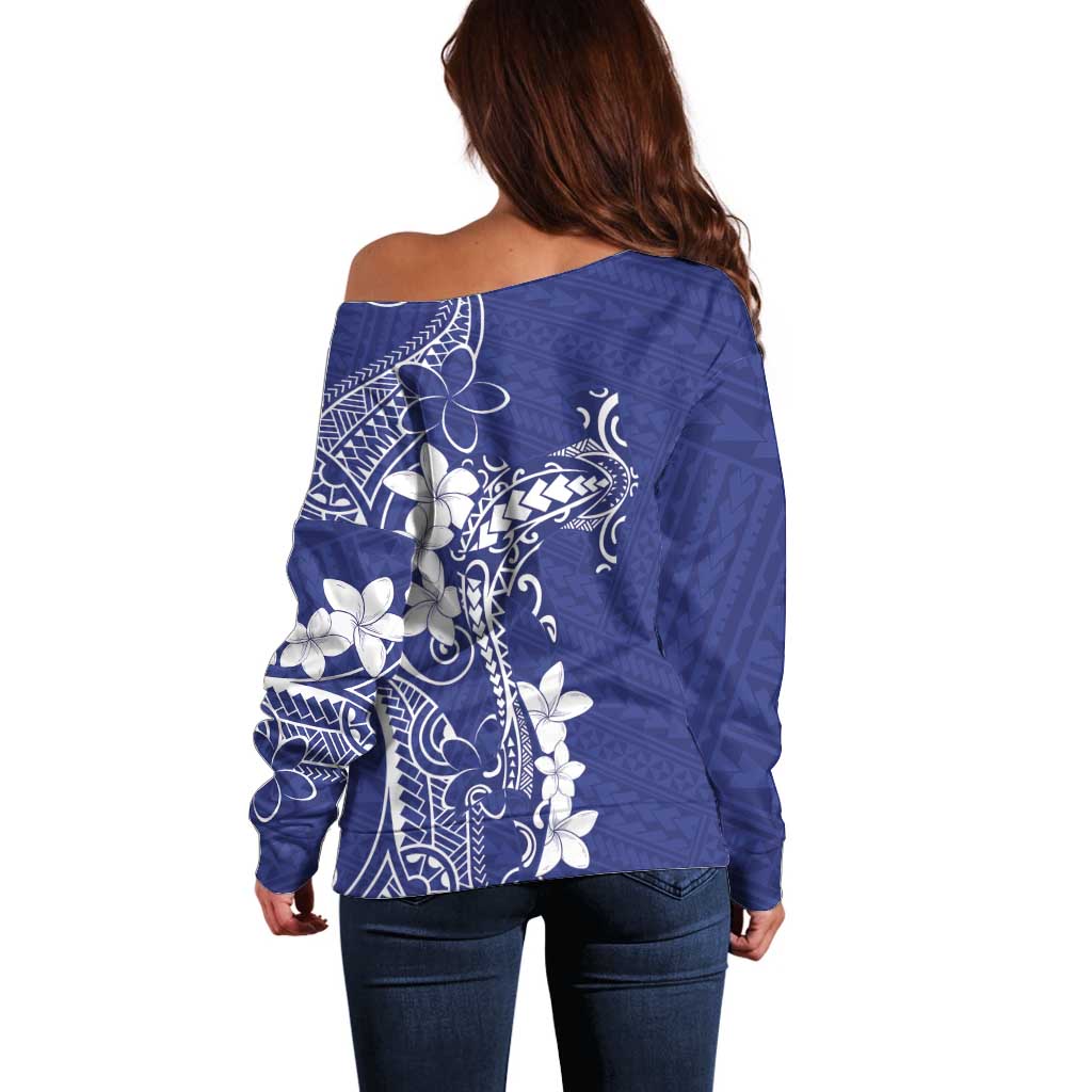 Blue Hawaii Off Shoulder Sweater Hammerhead Shark Tattoo Curve Polynesian - Polynesian Pride