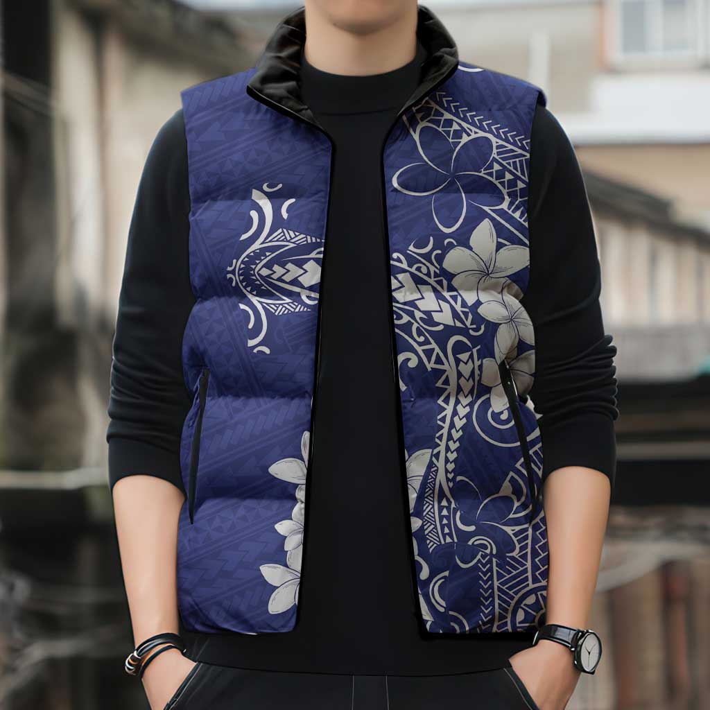 Blue Hawaii Sleeveless Puffer Jacket Hammerhead Shark Tattoo Curve Polynesian - Polynesian Pride