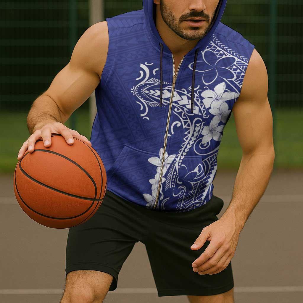 Blue Hawaii Sleeveless Zip Hoodie Hammerhead Shark Tattoo Curve Polynesian - Polynesian Pride