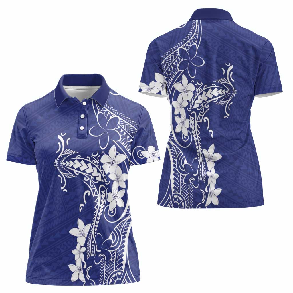 Blue Hawaii Women Polo Shirt Hammerhead Shark Tattoo Curve Polynesian - Polynesian Pride